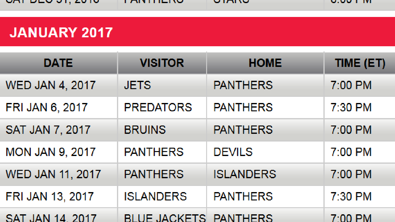 Florida Panthers announce 2016-17 regular-season schedule